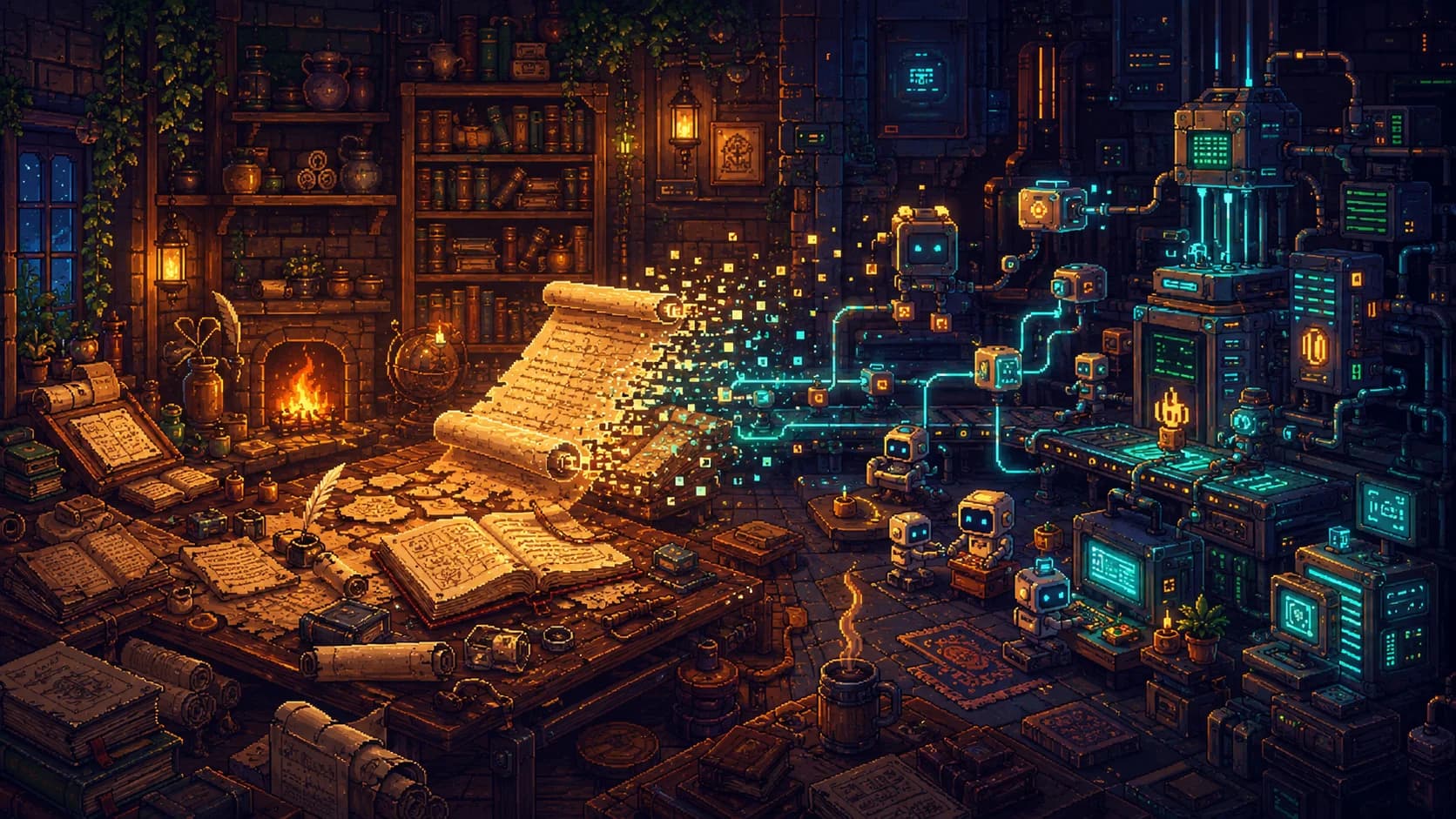 Scrolls of knowledge dissolving into pixels that feed a workshop of small robots