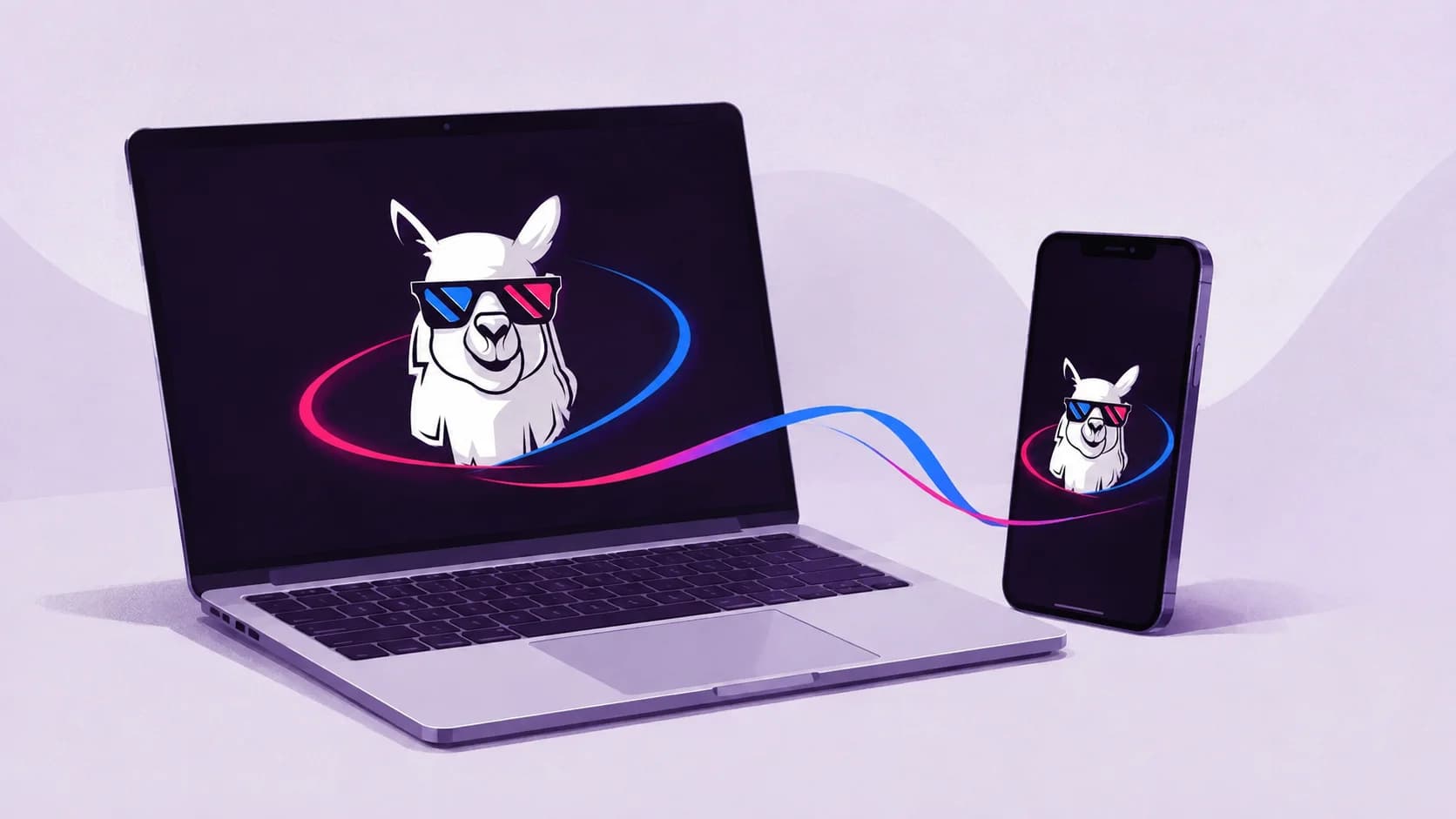 A laptop and phone with Lama mascots on their screens, joined by a blue-and-pink ribbon.
