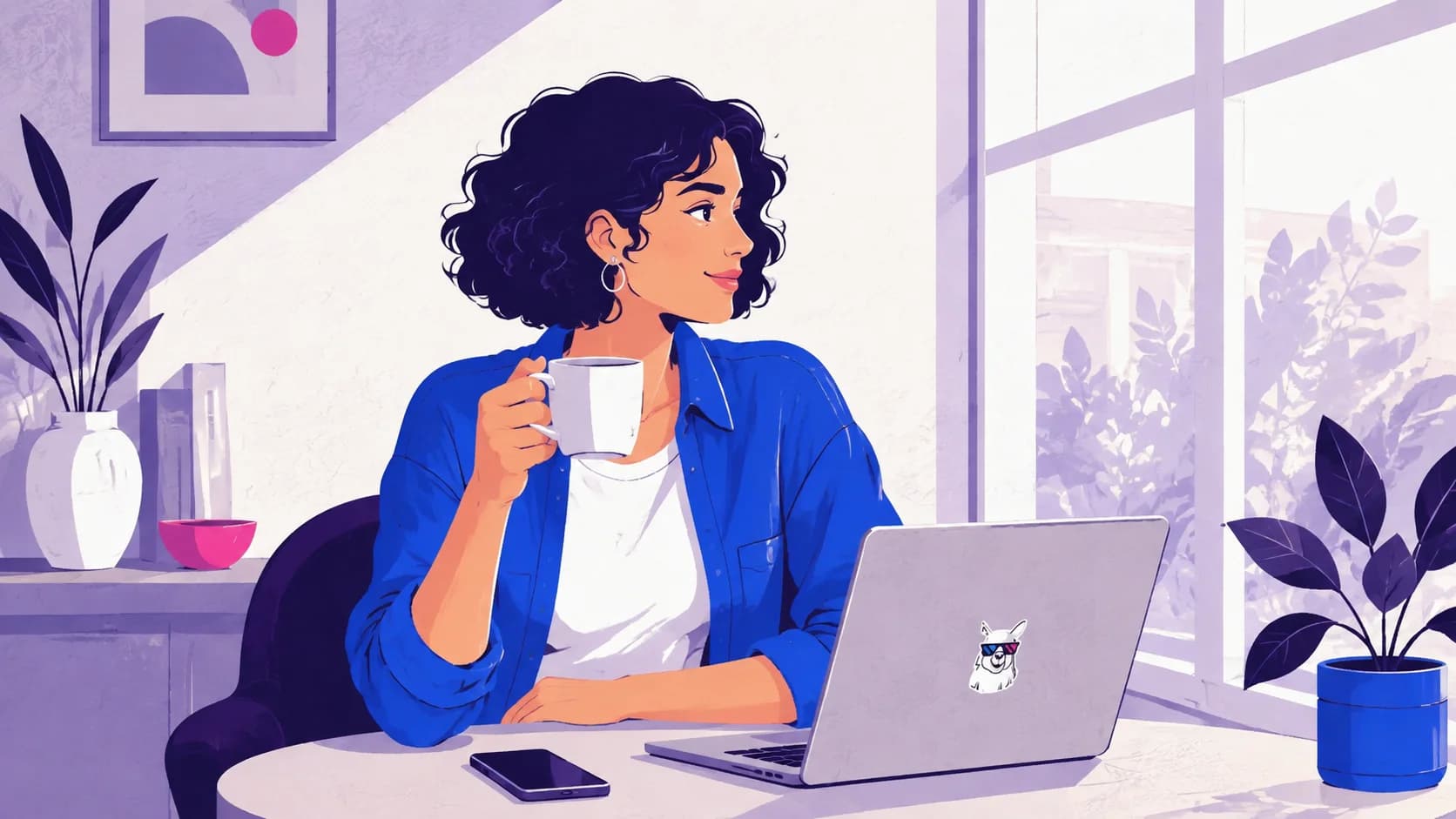 A woman enjoying coffee by a sunlit window, with a phone and a laptop bearing a Lama sticker.